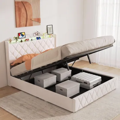 Produktbild von INONEFT Boxspringbett 140x200 cm mit LED und USB-Ladegerät, Jugendbett Doppelbett mit Lattenrost und Hydraulisches Stauraum, Samt Polsterbett, Beige