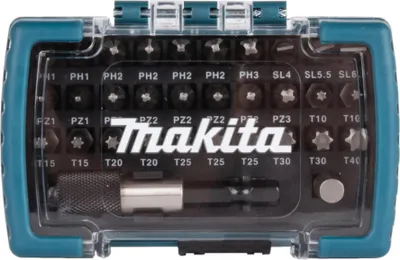 A Makita screwdriver bit set in its clear plastic case.