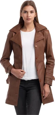 Image de Veste longue en cuir de mouton marron Chyston Elsa pour femme, taille XL