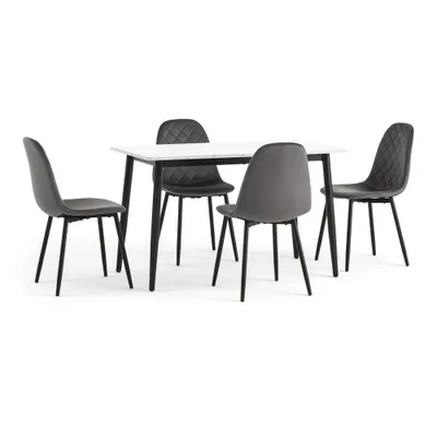 Produktbild von Esszimmer-Set für den Innenbereich mit rechteckigem Tisch 120x70 cm in weißer Marmoroptik und 4 gepolsterten Samtstühlen mit gestepptem Rücken – VASO + LAURA – Dunkelgrau