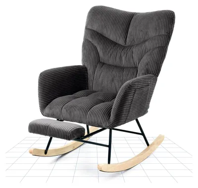 Produktbild von Schaukelstuhl mit hoher Rückenlehne und Fußstütze – Moderner Schwingsessel mit Holzkufen, gepolsterter Relaxsessel für Wohnzimmer und Schlafzimmer, bis 120 kg belastbar in Grau