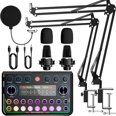 Productafbeelding van Podcast Set - Audio Interface - Live Streamen - Voor Twee Personen - 2 Microfoons - Zwart