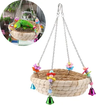 Produktbild von Vogelnestbett Aus Stroh Mit Schaukelfunktion Und 4 Metallglöckchen, Durchmesser 21,5 Cm, Für Wellensittiche Nymphensittiche Und Papageien