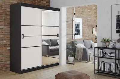 Produktbild von FurMeb24 Schiebetrenschrank RETRO 4-138x200cm Kleiderschrank mit Spiegel, 2-triger Schiebeschrank (Graphit Antrazit / Weiss + Spiegel und schwarze Beschl€ge)