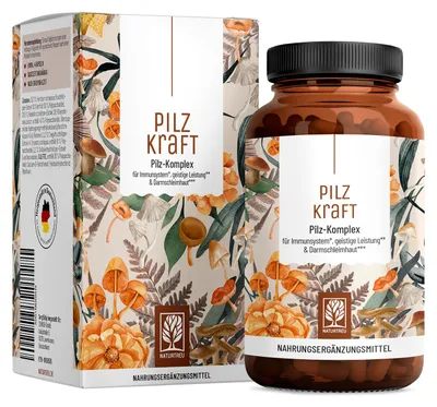 Produktbild von Pilz Komplex mit Chaga, Reishi, Shiitake, Hericium & B Vitaminen - PILZKRAFT - 120 vegane Kapseln - NATURTREU®
