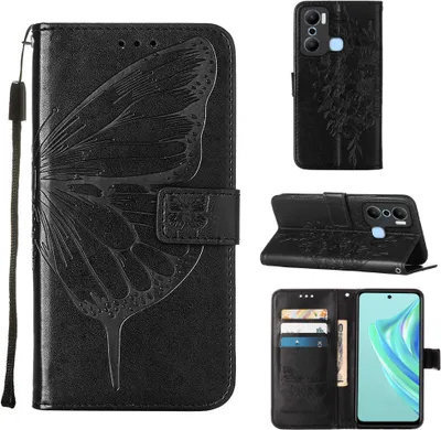 Produktbild von Infinix Hot 20 Play Hülle, Schmetterling Prägung Flip Leder Kartenfächer Schutzhülle Ledertasche mit Ständer für Infinix Hot 20 Play Schwarz
