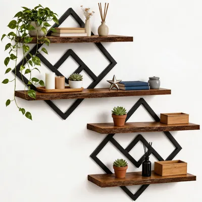 Image de Ensemble Wandregal, 2 pièces, en bois, avec deux étagères, pour fixation murale