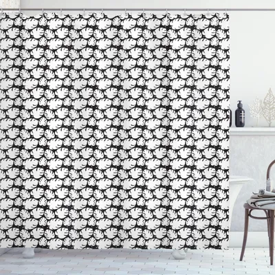 Immagine prodotto di ABAKUHAUS Tenda da doccia con foglie, motivo giungla Silhouettes Foliage Composizione monocromatica Monsteras esotiche, 175 x 220 cm, bianco e nero