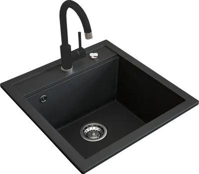 A black kitchen sink with a black faucet, shown from a slightly elevated angle against a white background.