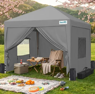 Image de Pavillon Quictent 3x3 avec 4 panneaux latéraux, pavillon pliable avec ventilation, imperméable, stable, résistant à l'hiver, pavillon de jardin pop-up avec 4 sacs de sable, gris