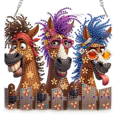 Immagine prodotto di Set per creare un ciondolo "Diamond Painting" con un cavallo divertente, tecnica 5D, ideale per decorare finestre o come elemento decorativo che cattura la luce (codice prodotto: GSL116)