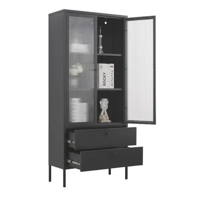 A black metal display cabinet with glass doors and drawers.