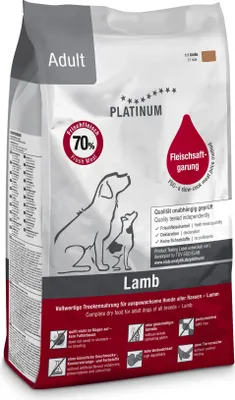 A bag of Platinum Natural Adult Lamb dry dog food.