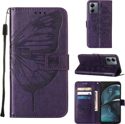 Produktbild von Lederhülle für Motorola Moto G14 Schmetterling Prägung Flip Ledertasche Kartenfächer Handyhülle mit Ständer Lila