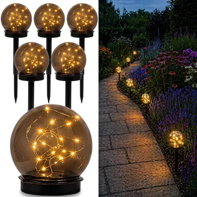 Produktbild von LUMILED 6 Stück Solar Gartenleuchte Solarlampe Solarkugeln für Garten Außen Kugel mit Erdspieß Außenleuchte Wegeleuchte rauch LED IP44 Warmweiß ∅10