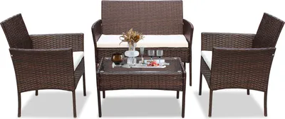 Immagine prodotto di Set di mobili da giardino Jayseuw, marrone, mobili da balcone con cuscini, set da balcone in polyrattan con poltrona e tavolo, set di sedute per terrazza, mobili in rattan per balcone, giardino, veranda (4 pezzi)