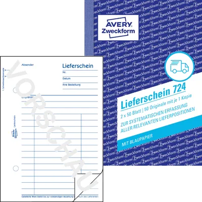 Produktbild von Avery Zweckform 724, Lieferschein, A6, mit Blaupapier, 2x50 Blatt