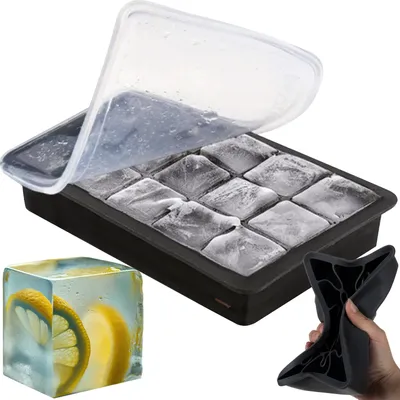 Produktbild von Eiswürfelform mit Deckel XXL Eiswürfel bis -40°C Stapelbar 15 Fächer Wiederverwendbar Spülmaschinenfest Silikon Barzubehör 20988
