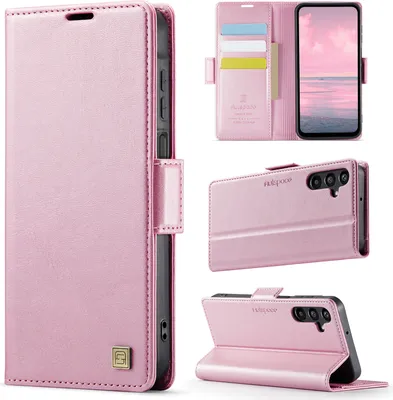 Produktbild von Lederhülle für Samsung Galaxy A14 5G/4G, RFID Schutz Handyhülle mit Magnetverschluss, Kartenfächern und Ständer Pink