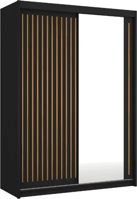 Produktbild von Kleiderschrank ROYAL 150 cm Schrank mit Spiegiel Lamellen Schwebetürenschrank 2-türig Kleiderstange Schwarz + Wotan Lamellen