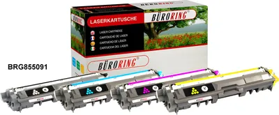 A product shot of four toner cartridges and their packaging.