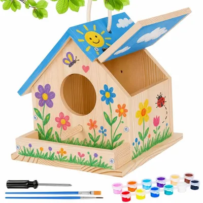 Immagine prodotto di Kit per la costruzione di una casetta per uccelli in legno, da dipingere, dimensioni 15,3x15,3x15,8 cm, con 12 colori e 2 pennelli