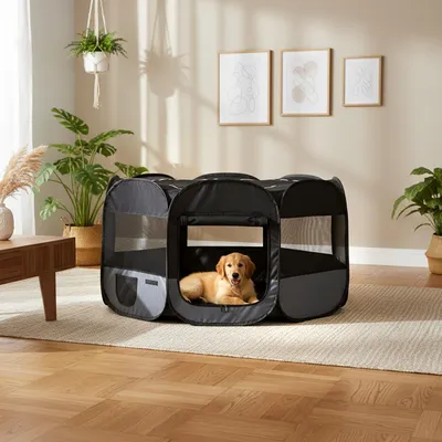 Produktbild von belviona Welpenauslauf, faltbares Freilaufgehege für drinnen & draußen, mit Transporttasche, 110 cm Durchmesser, 64 cm Höhe, schwarz/grau