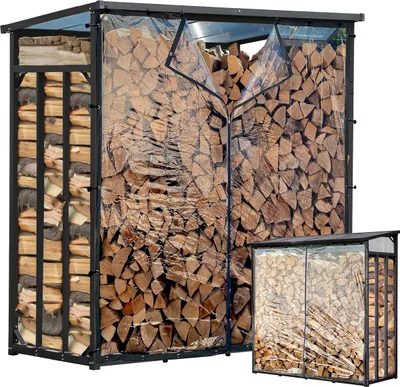 Produktbild von Metall Kaminholzregal Außen 185 x 70 x 185 cm Mit Wetterschutz Transparent, Basic - 30 mm Stahlprofil, Anthrazit, Wetterfest, Kapazität 2,3 m³ (3,5 SRM), XXL Garten Kaminholzunterstand Stapelhilfe