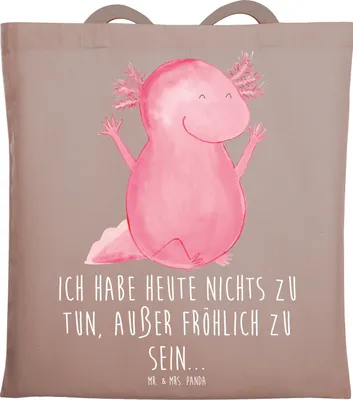 Produktbild von Mr. & Mrs. Panda Jutebeutel Axolotl Hurra - Braun Pastell - Geschenk, Baumwolltasche, Shopping Tasche, Lurch, Jutetasche, Freude, Schultasche, Motivation, Schwanzlurch