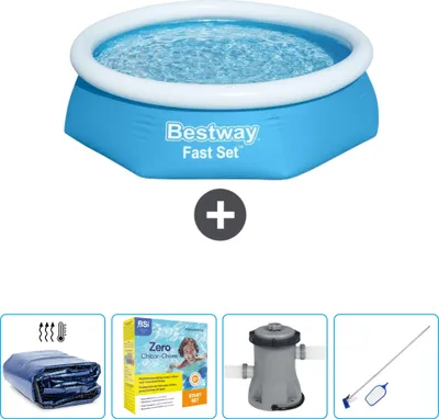 Produktbild von Bestway runder aufblasbarer Fast-Set-Pool – 244 x 61 cm – Blau – im Lieferumfang enthalten Sonnensegel - Wartungspaket - Pumpe - Reinigungskit
