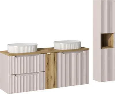 Obrázok produktu pre Kúpeľňová súprava 140 cm kašmír + dub s 2 umývadlami Beyond