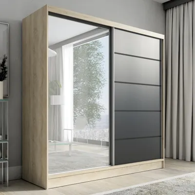 Produktbild von Schwebetürenschrank, 2-türig Schrank mit Spiegel KARO 2 200 cm (Sonoma , Schwarz)