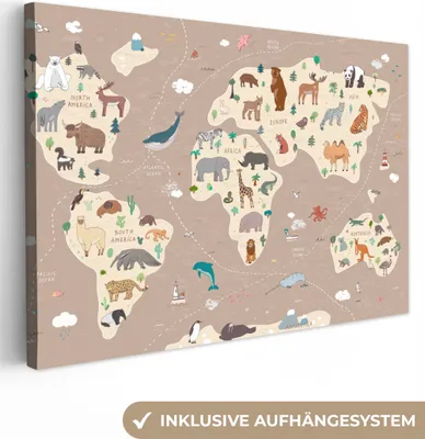 Produktbild von MuchoWow® - Leinwandbilder - Weltkarte Kinder - Tiere - Braun - Jungen - Mädchen, Wandbild, Wanddeko Bilder Wohnzimmer, 30x20 cm