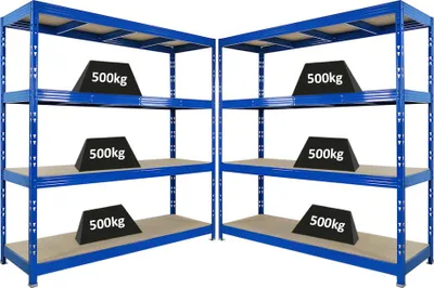 Produktbild von Mega Deal | 2x Profi Schwerlastregal Rhino | HxBxT 200x200x60cm | 4 Spanplatten-Ebenen 8mm | Fachlast 500kg | Blau