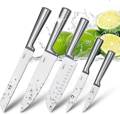 Produktbild von Professionelles Küchenmesser-Set aus Edelstahl – scharfe Klingen, rutschfeste Griffe – Santoku-Messer, Kochmesser, Brotmesser, Universalmesser, Gemüsemesser – 5-teiliges Set für Köche