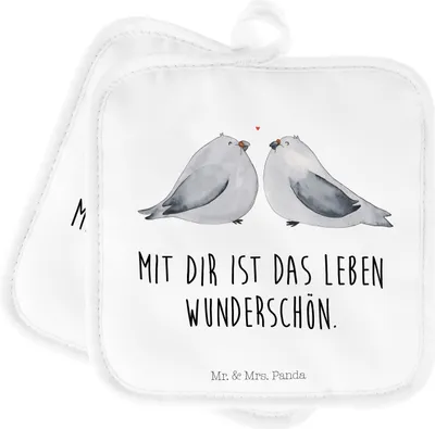 Produktbild von Mr. & Mrs. Panda 2er Set Topflappen  Turteltauben Liebe - Weiß - Geschenk, Kochlappen, topfhalter, Freund, glücklich, Topfuntersetzer, Verheiratet, Topflappenset, Verlobt
