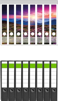Produktbild von Wallario 8 Stück schmale Ordner inkl. Klebeetiketten mit Motive Blumenbedeckte Wiese bei Sonnenuntergang -  Set mit Rückenschildern / Ordnerrücken Stickern