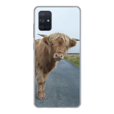 Produktbild von MuchoWow® Handyhülle Schutzhülle Hülle für Samsung Galaxy A71 Scottish Highlander - Straße - Gras Silikon Softcase Handy Hülle - Kartenbesitzer