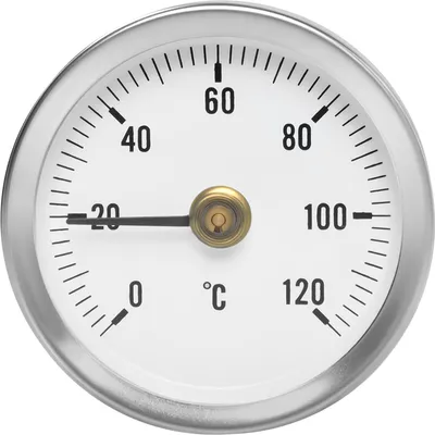 A close-up studio shot of a round thermometer with a white face and black markings.
