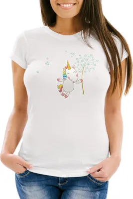 Produktbild von Damen T-Shirt Einhorn mit Pusteblume Unicorn with Dandelion Slim Fit Moonworks® weiß S