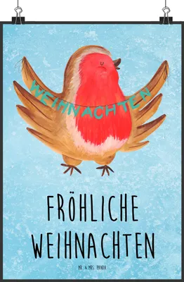 Produktbild von Mr. & Mrs. Panda Bild Rotkehlchen Weihnachten DIN A2 - Eisblau - Geschenk, Vogel, Winter, Weihnachtsgruß, Wandbild, Heiligabend, wanddeko, drucke, kunstposter, Frohe