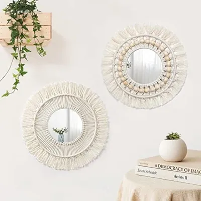 Produktbild von PromoHome® 2 Stück Makramee Wandspiegel Dekorativer Runder Spiegel mit Gewebter Franse Boho Stil für Schlafzimmer Wohnzimmer Babyzimmer