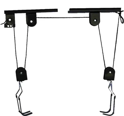 Produktbild von Fahrrad Deckenlift - Deckenmontage mit Flaschenzug - 60 kg Tragkraft - Stahl - 2 Aufhängeplatten - Für Fahrrad & E‑Bike - Schwarz