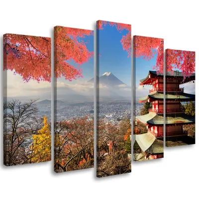 Produktbild von 5-teiliges leinwandbild japan landschaft berg 200x100 cm Feeby farbe wandbild bereit zum aufhängen