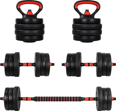 Produktbild von MOVIT 6in1 Hantelset 30 kg rot XXL Profi Hantel Set 2er Kurzhanteln Kettlebell Push Up Griffe Langhanteln verstellbar mit Gewichten