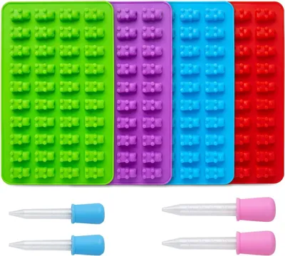 Produktbild von Gummibärchen-förmige Silikonformen mit 4 Pipetten - Set mit 4 Stück - Für Süßigkeiten und Schokolade