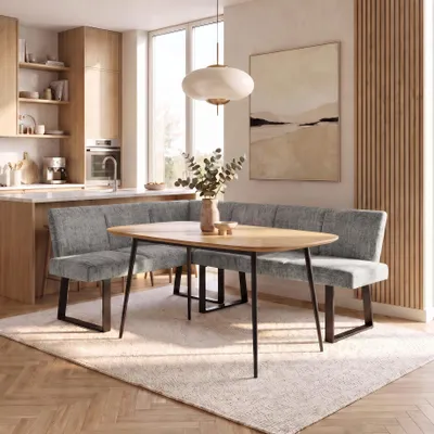 Obrázek produktu pro BEAUTYSOFA | Rohová lavice VELTO, šedá látka RAVEN Bouclé, tvar L (levá strana), čalouněná lavice s opěradlem, rohová lavice do kuchyně a jídelny