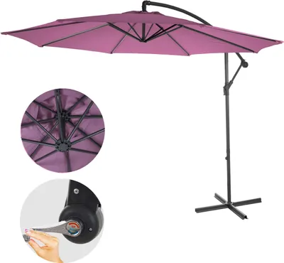 A purple cantilever umbrella is shown against a white background, with close-up insets of its internal structure and crank mechanism.
