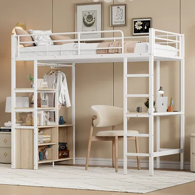 A loft bed with a desk and storage unit underneath, set up in a bedroom.