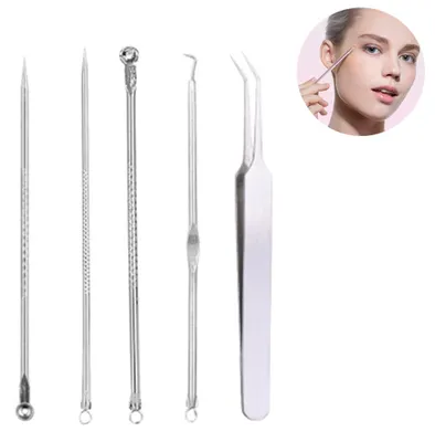 Produktbild von 5-teiliges Set zur Entfernung von Mitessern und Hautunreinheiten, Akne- und Pickelentferner-Set, mit Pinzette, für Gesicht, Stirn und Nase